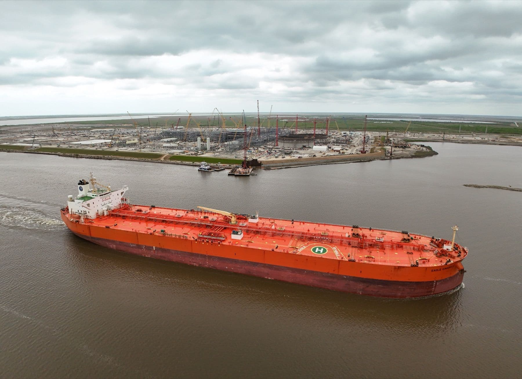 A laden crude oil tanker sailing out of Port Arthur, Texas, on the US Gulf Coast